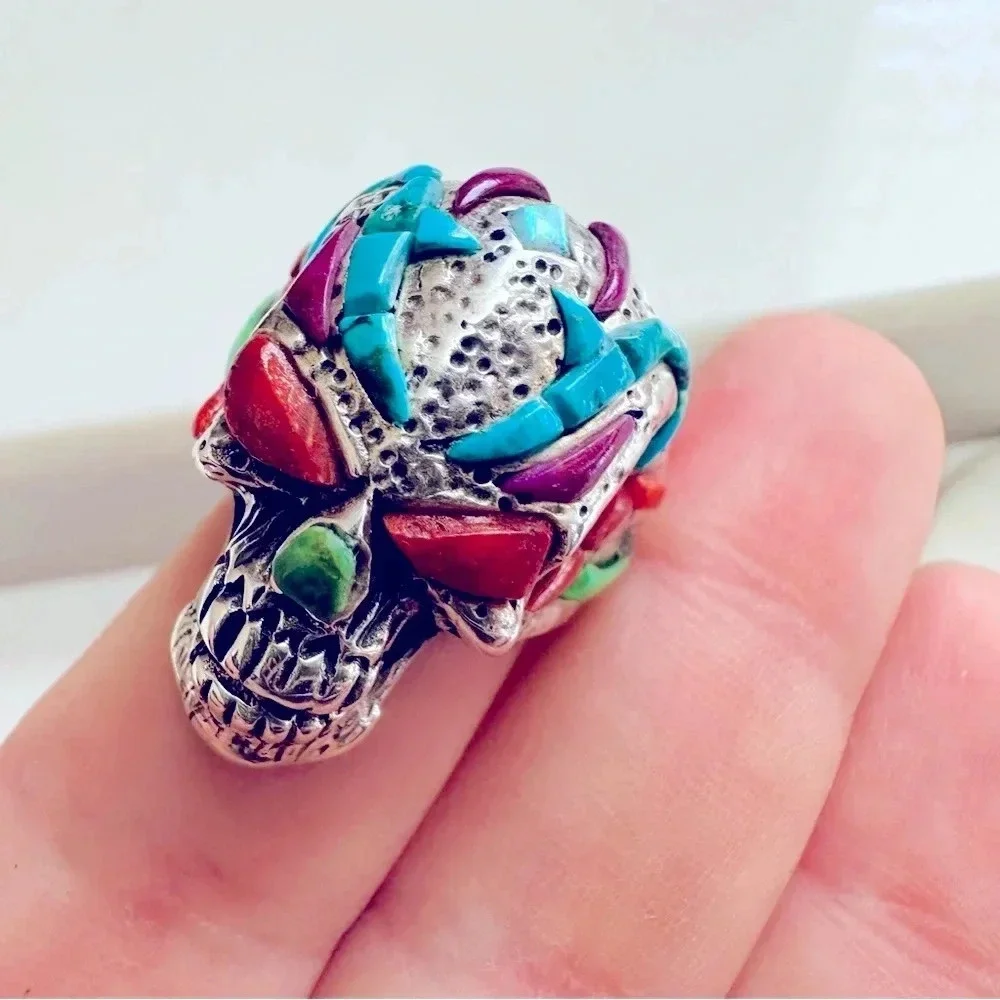Handmade Sterling Silver & Multi Stone Inlay Skull/Biker/Rocker Ring Size 9.5