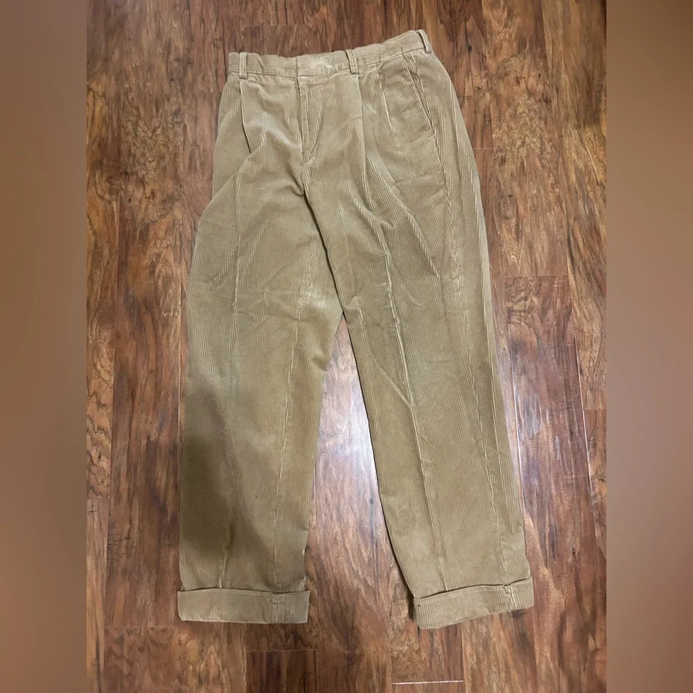Vintage Corduroy Trousers Front Pleated Cuffed Hem Retro Swing 70s Flapper