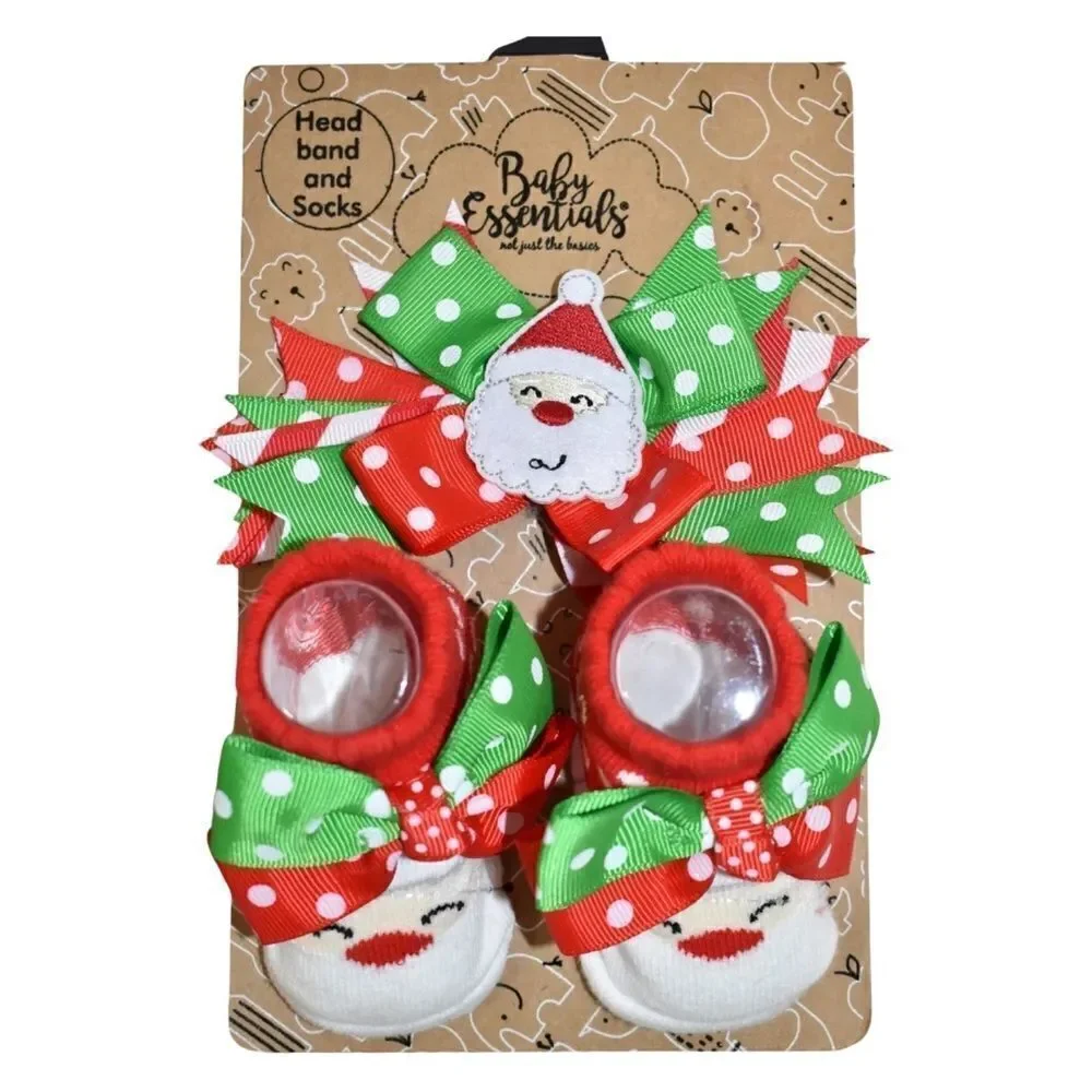 Baby Essentials Christmas Santa Socks and Headband Girl's Size 0-6 Months NWT