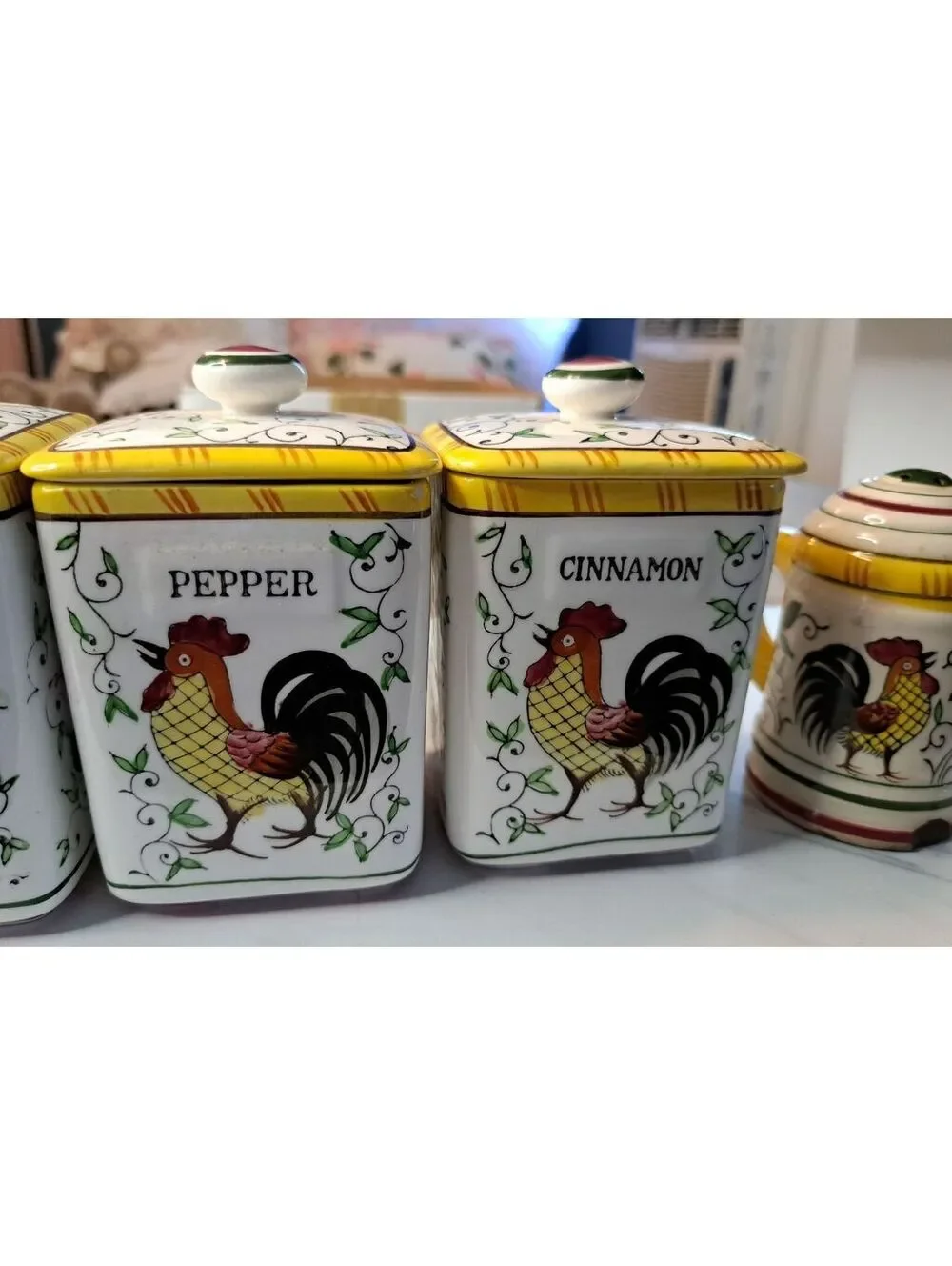 Vintage Set of 4 Ucagco Early Provincial Rose and Rooster Spice Jars & Shaker