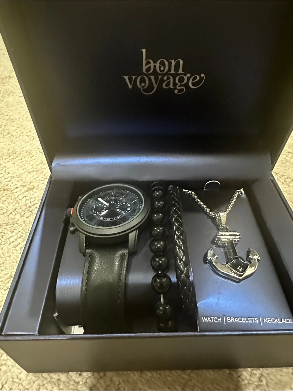 Bon Voyage Men's Black Watch and Jewelry Gift Set