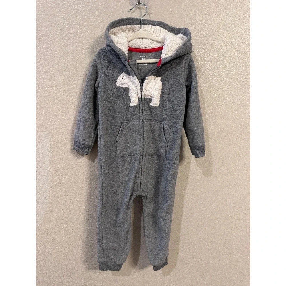 Carters 24 Months Gray Polar Bear Hooded Fleece One Piece Pajamas Jumpsuit