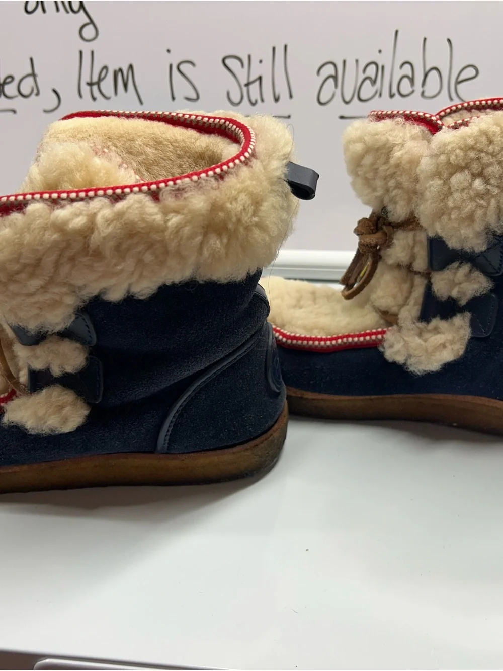 Vintage Tory Burch Shearling-Trim Navy Winter Boots with Red Trim