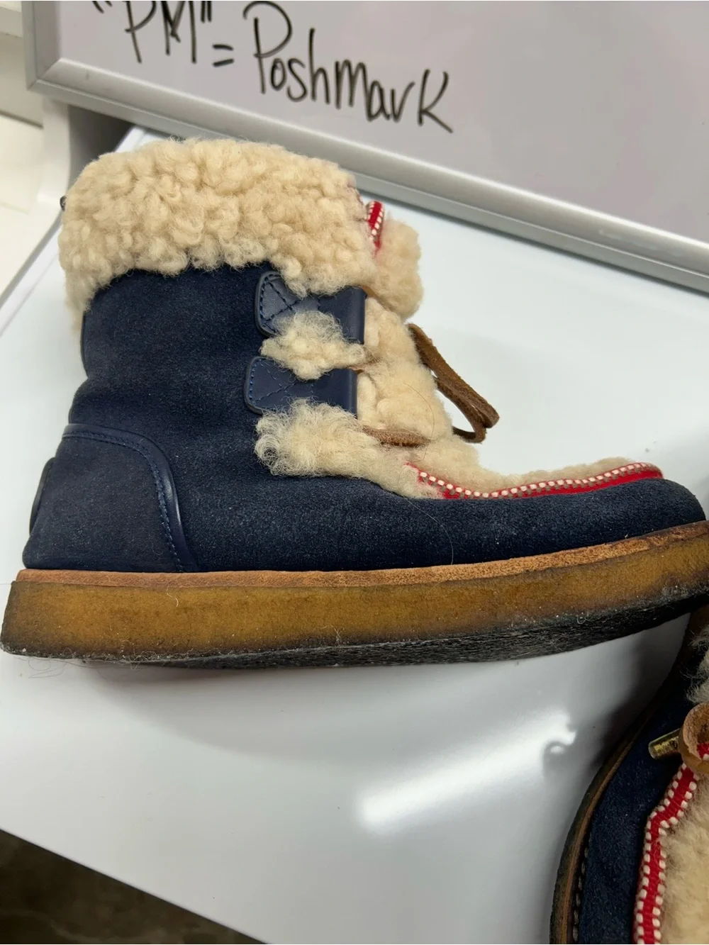 Vintage Tory Burch Shearling-Trim Navy Winter Boots with Red Trim