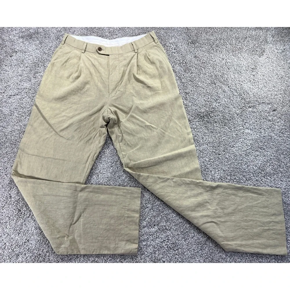 Island Pacific John W Nordstrom Mens 33R Khaki 100% Linen Pleated Trousers Pants