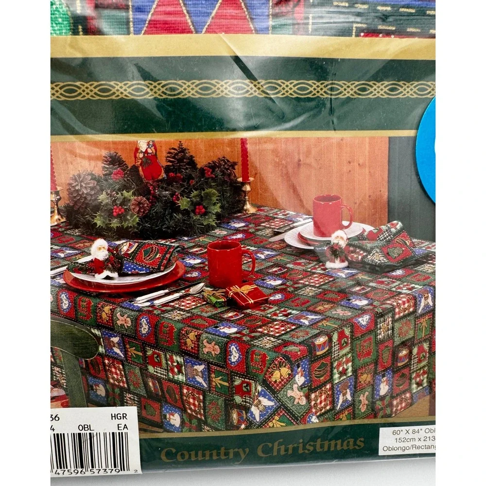 New Vintage Bardwil Country Christmas Patchwork Tablecloth 60x84 Oblong Woven