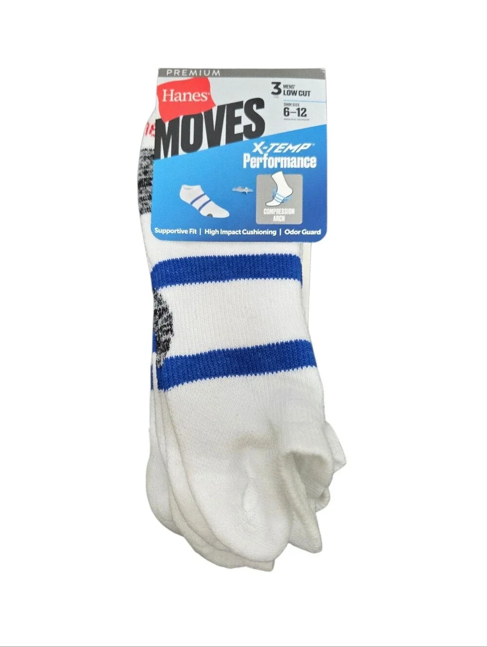 Hanes Premiun White & Blue Low-Cut Athletic Socks - 3 Pack Nwt