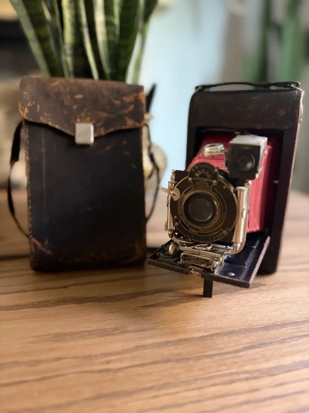 Antique Kodak No. 3 Folding Pocket Camera Model E4 Red Leather Bellows With Case