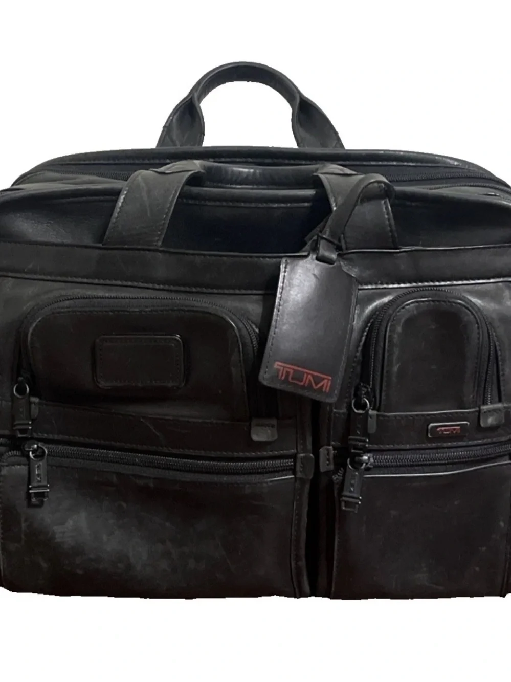 TUMI Alpha Leather Expandable Organizer Laptop Bag Solid Black 96141DH