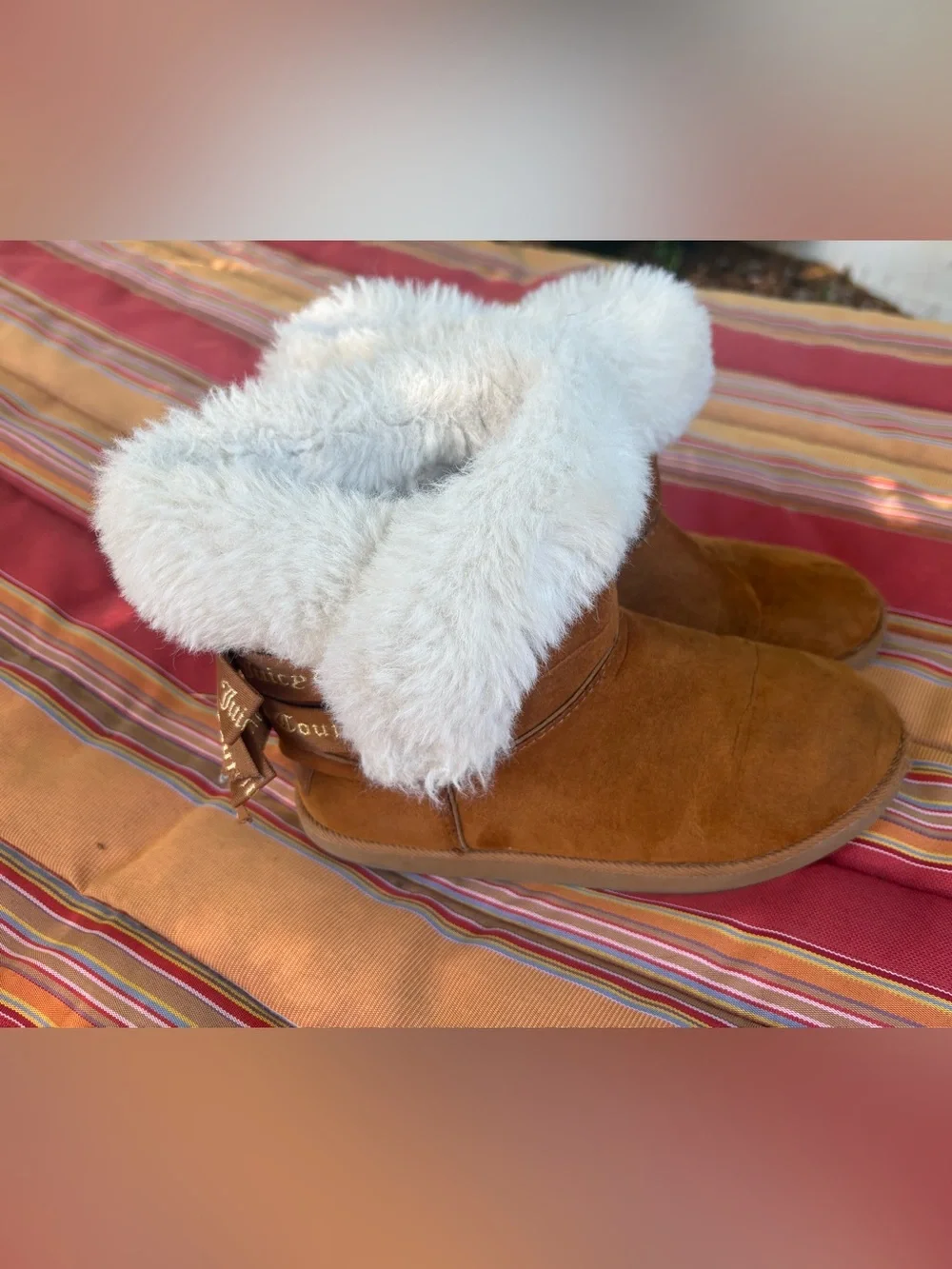 Juicy Couture Chestnut Suede Winter Boots with Cream Faux Fur Cuff