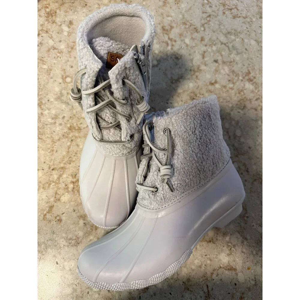 Sperry Saltwater Duck Boots White Grey Sherpa Faux Fur STS87394 7.5
