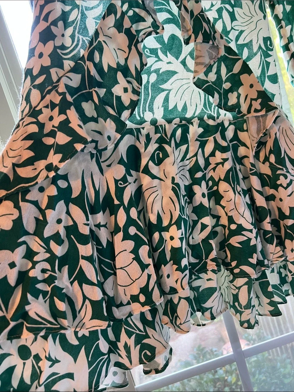 Free People XS Emerald Green & White Floral Ruffle Mini Dress NWT