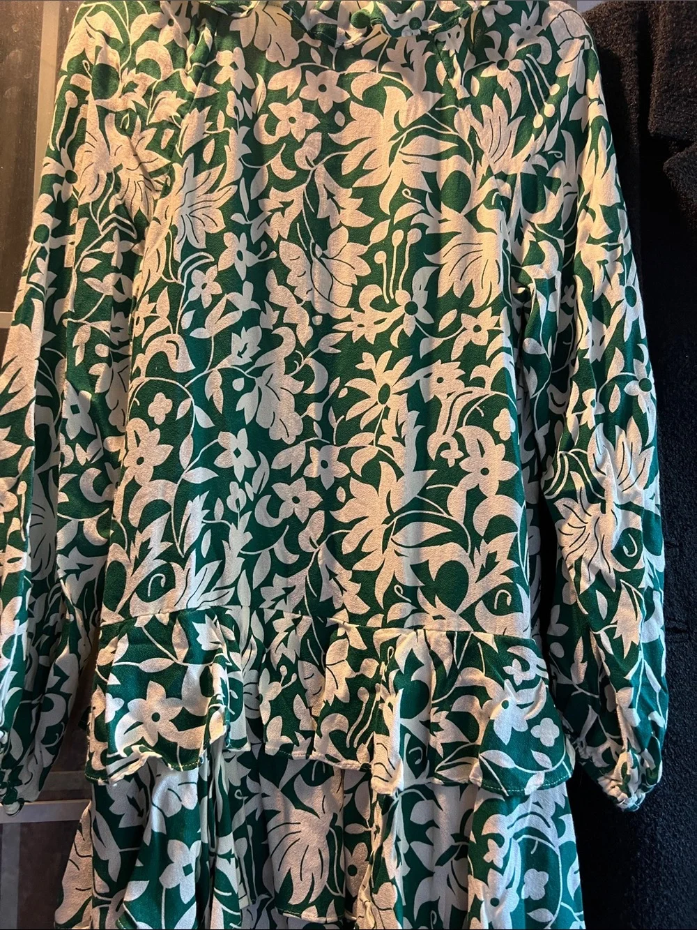 Free People XS Emerald Green & White Floral Ruffle Mini Dress NWT