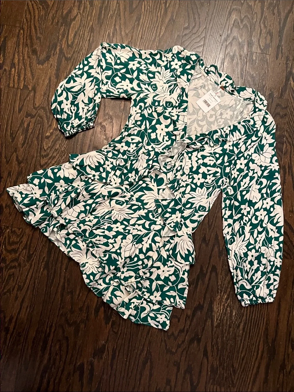 Free People XS Emerald Green & White Floral Ruffle Mini Dress NWT