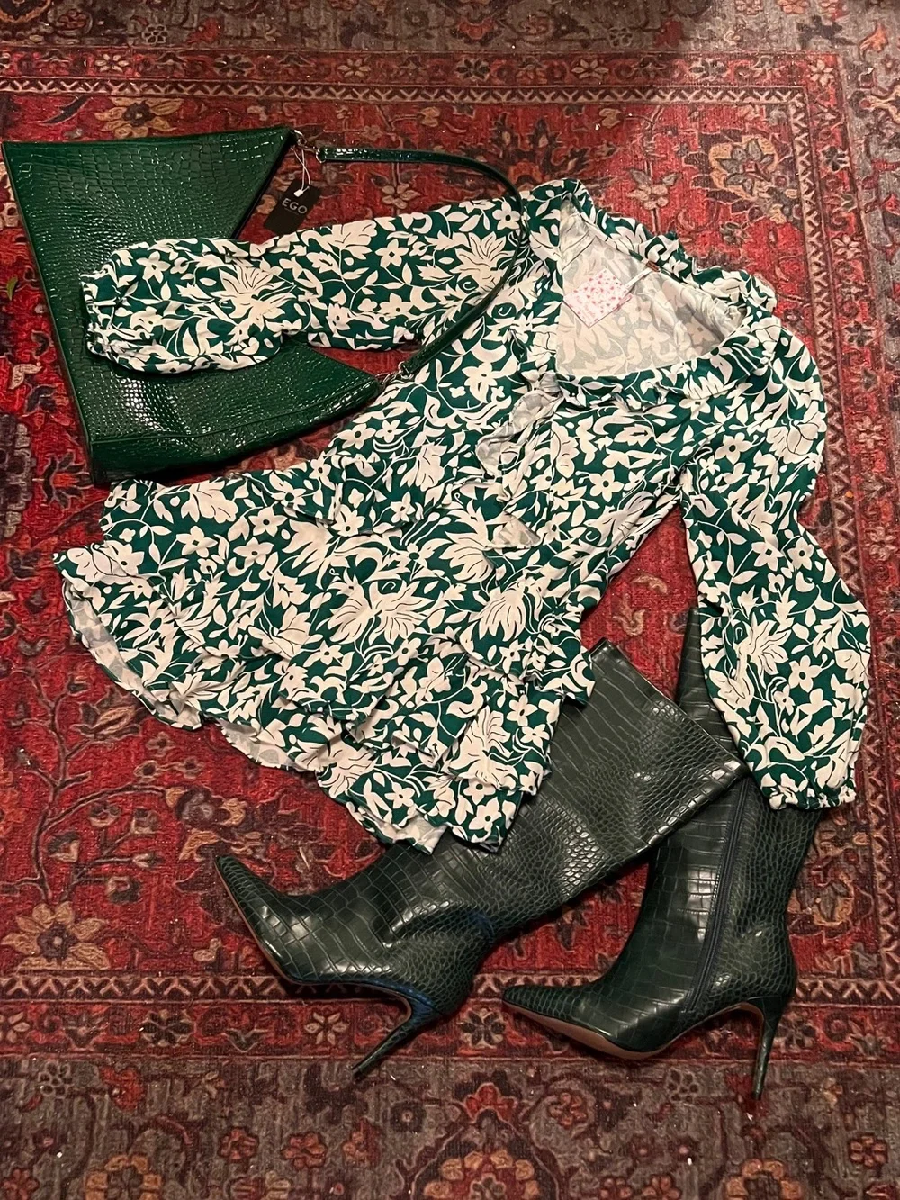 Free People XS Emerald Green & White Floral Ruffle Mini Dress NWT
