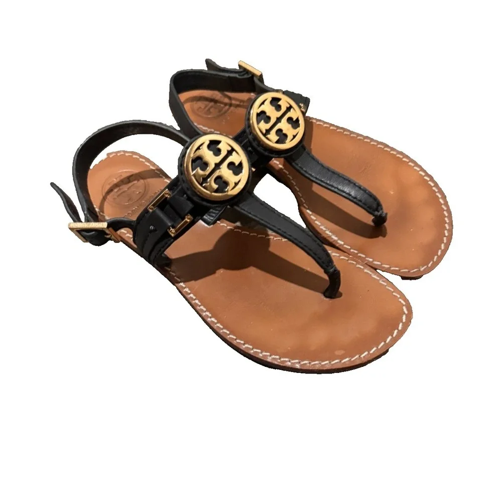 Tory Burch emmy  T-Strap Leather sandals black 6 flats Gold medallion logo shoes