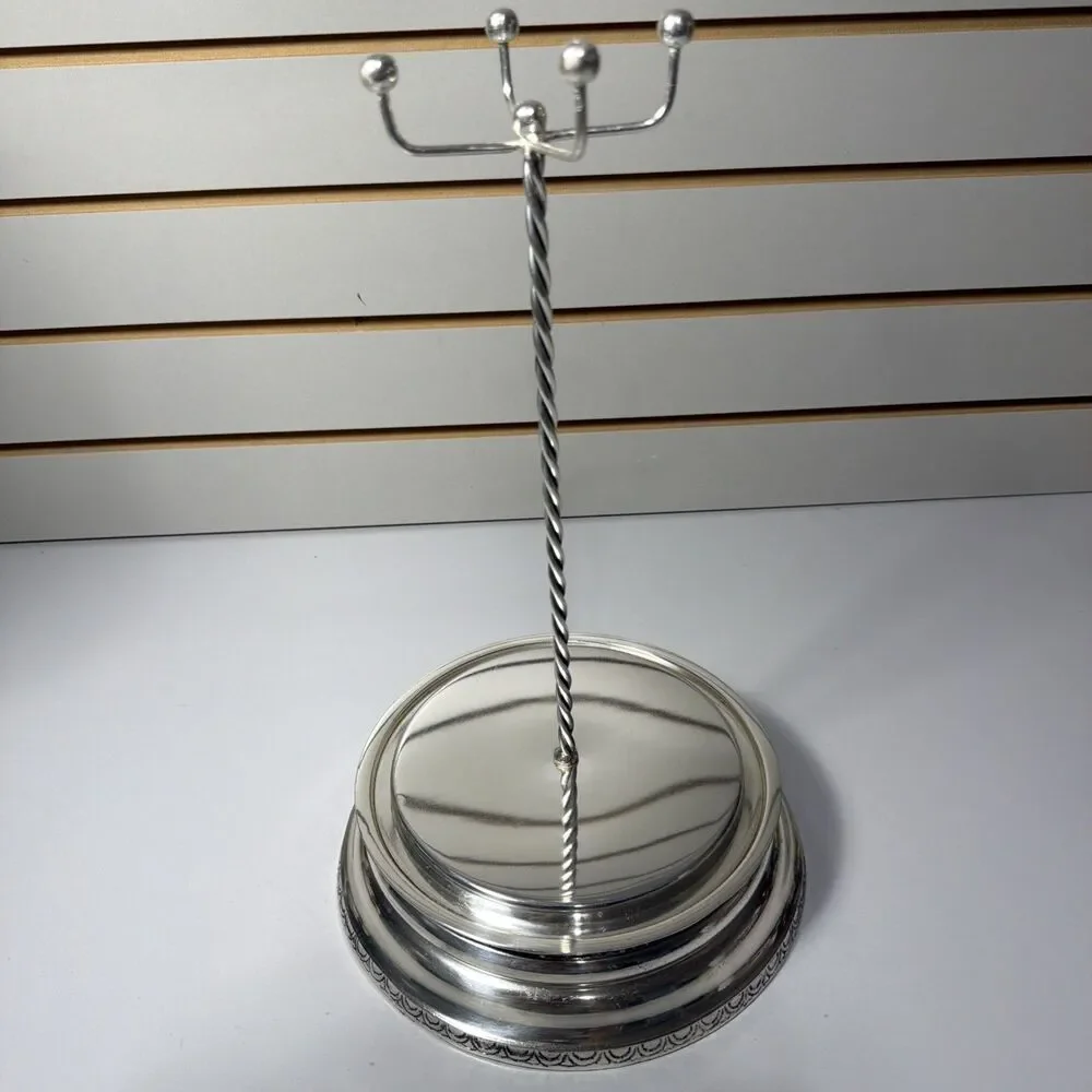 Pottery Barn Brushed Silver Jewelry Necklace Stand 14” Tall Engraved Design