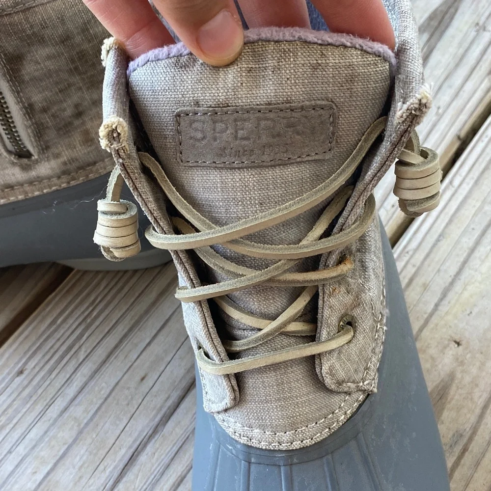 Sperry Women's Taupe Canvas & Gray Rubber Duck Boots