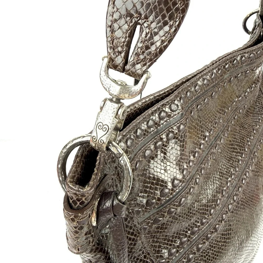 Brighton Embossed Snakeskin Hobo Handbag Brown Leather Shoulder Bag With Charm