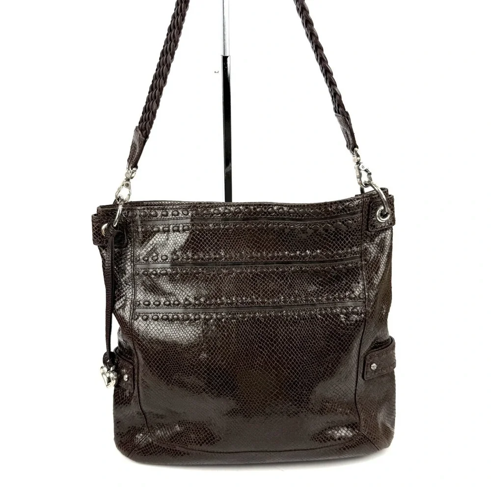 Brighton Embossed Snakeskin Hobo Handbag Brown Leather Shoulder Bag With Charm