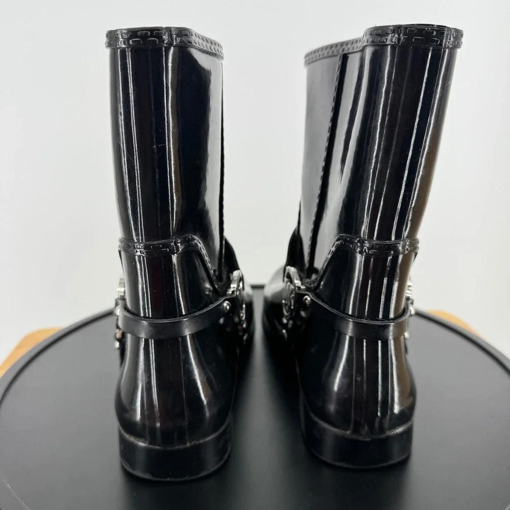 Michael Kors Black Rubber Rain Boots MK Logo Harness Moto Mid Calf Womens 8