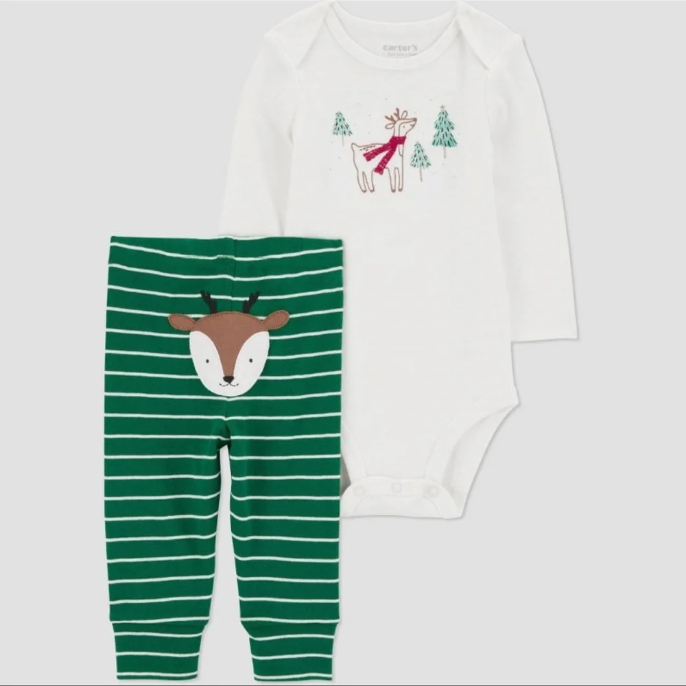 carters Christmas Reindeer striped 2 piece  set