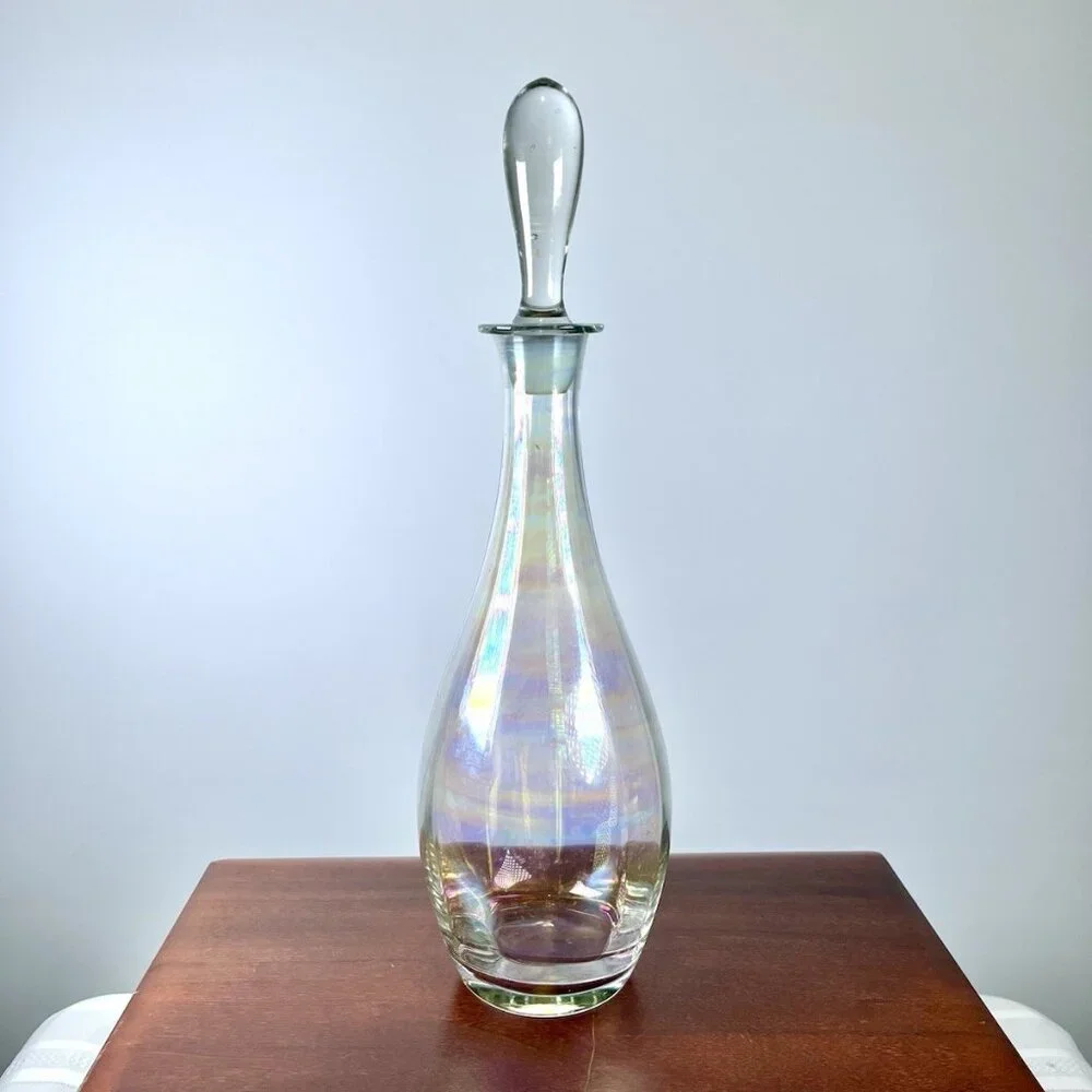 Vintage Iridescent Rainbow Handblown MCM Clear Art Glass Toscany Decanter Genie