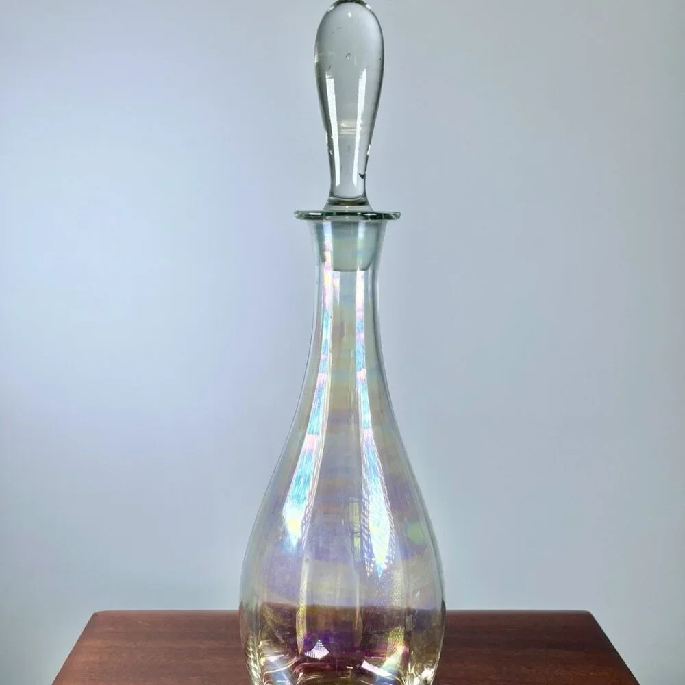 Vintage Iridescent Rainbow Handblown MCM Clear Art Glass Toscany Decanter Genie