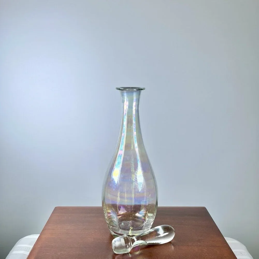 Vintage Iridescent Rainbow Handblown MCM Clear Art Glass Toscany Decanter Genie