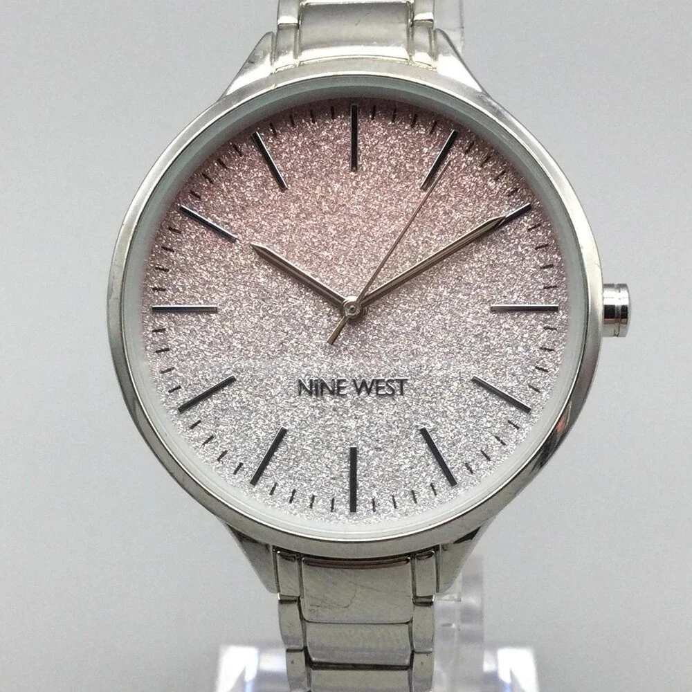 Nine West Womens Watch 36mm Silver Tone Pink Glitter Dial NW23837 New Battery 7