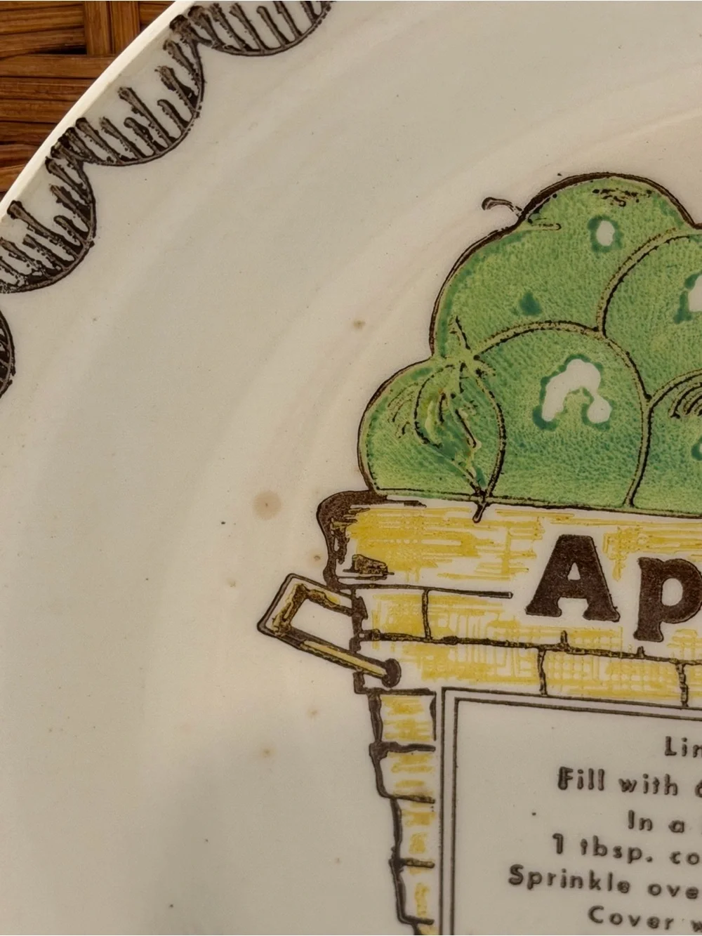 Vtg 1980s Apple Pie Recipe Plate Retro FarmhouseGreen Apple Ceramic Baking Dish