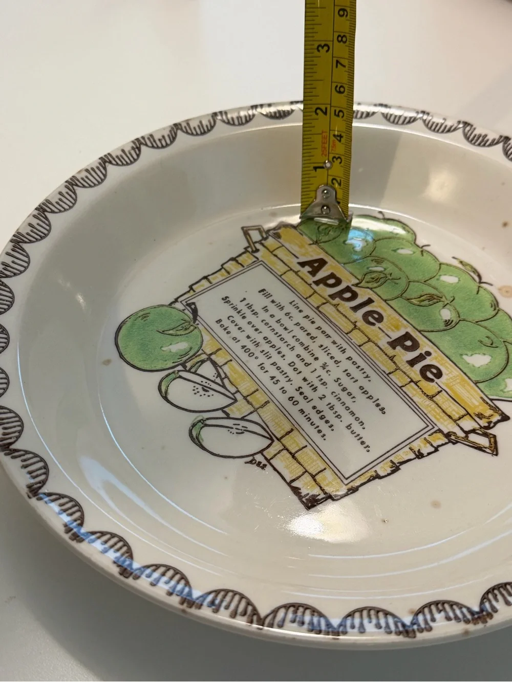Vtg 1980s Apple Pie Recipe Plate Retro FarmhouseGreen Apple Ceramic Baking Dish