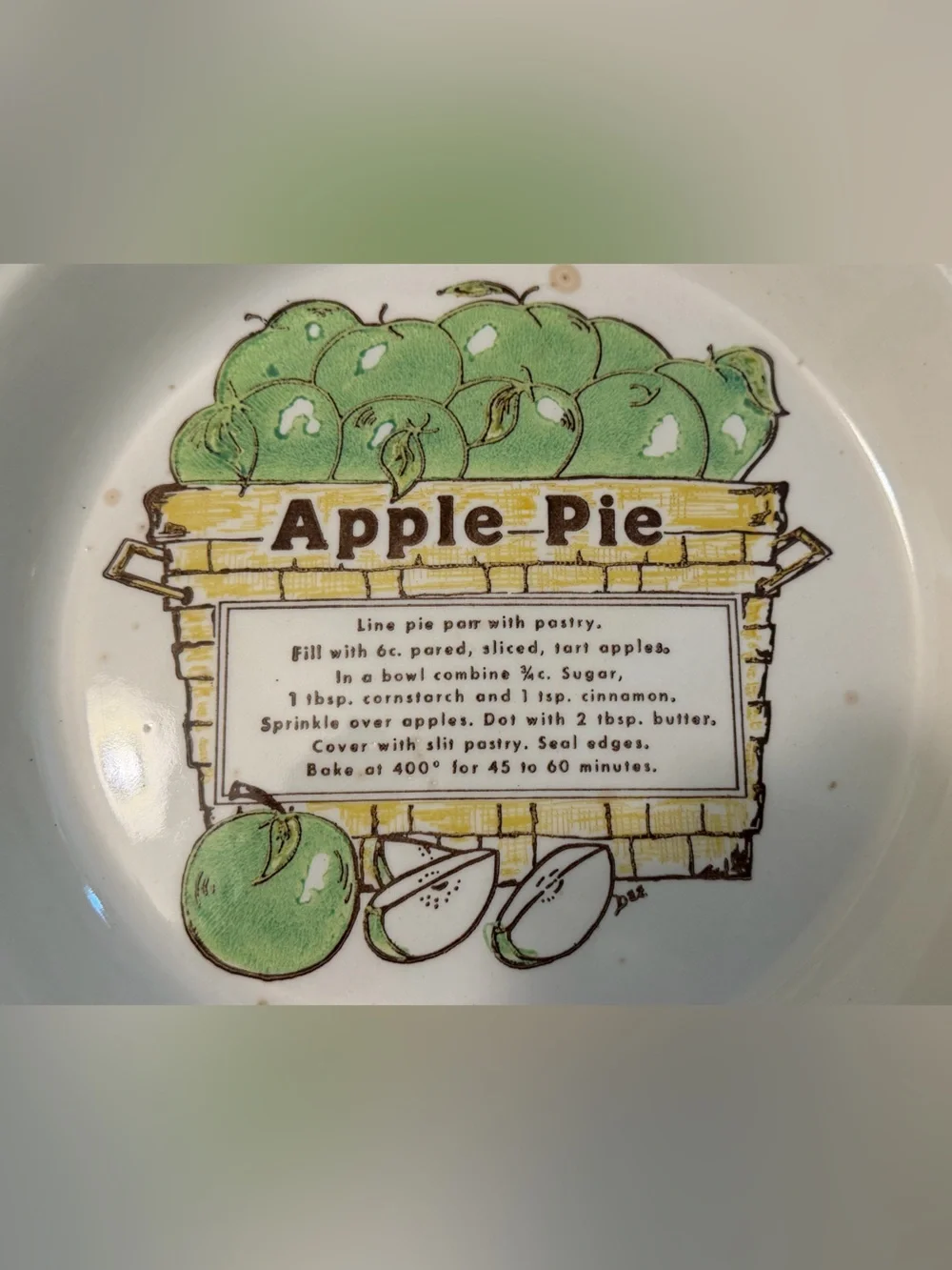 Vtg 1980s Apple Pie Recipe Plate Retro FarmhouseGreen Apple Ceramic Baking Dish