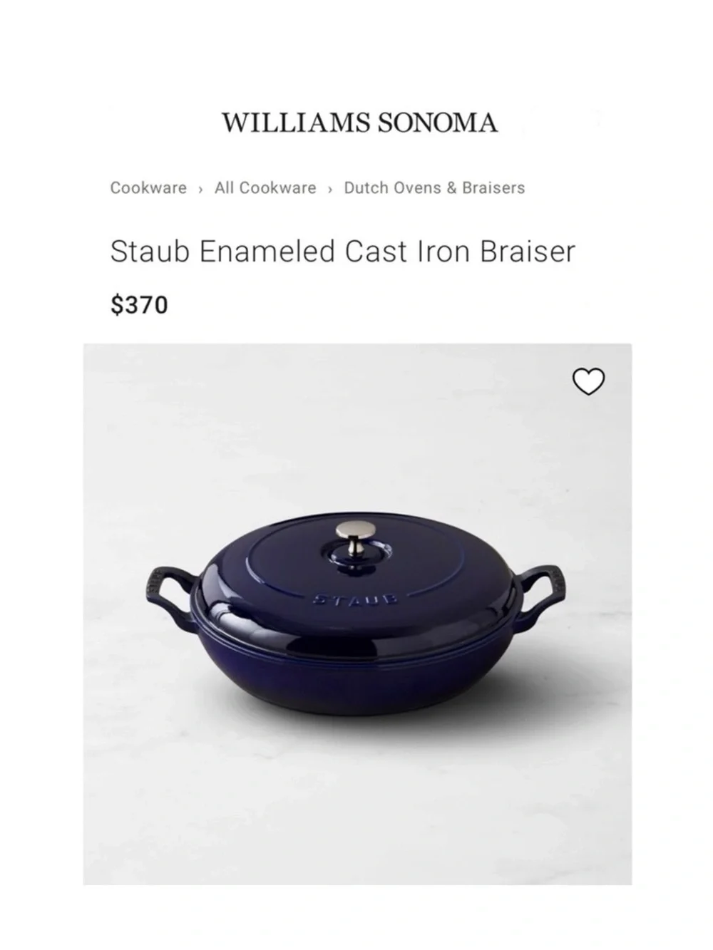 Staub 𖦹 Enameled Cast Iron Braiser with Enamel Lid 𖦹 Glossy Sapphire 𖦹 2L 3.5Q 𖦹