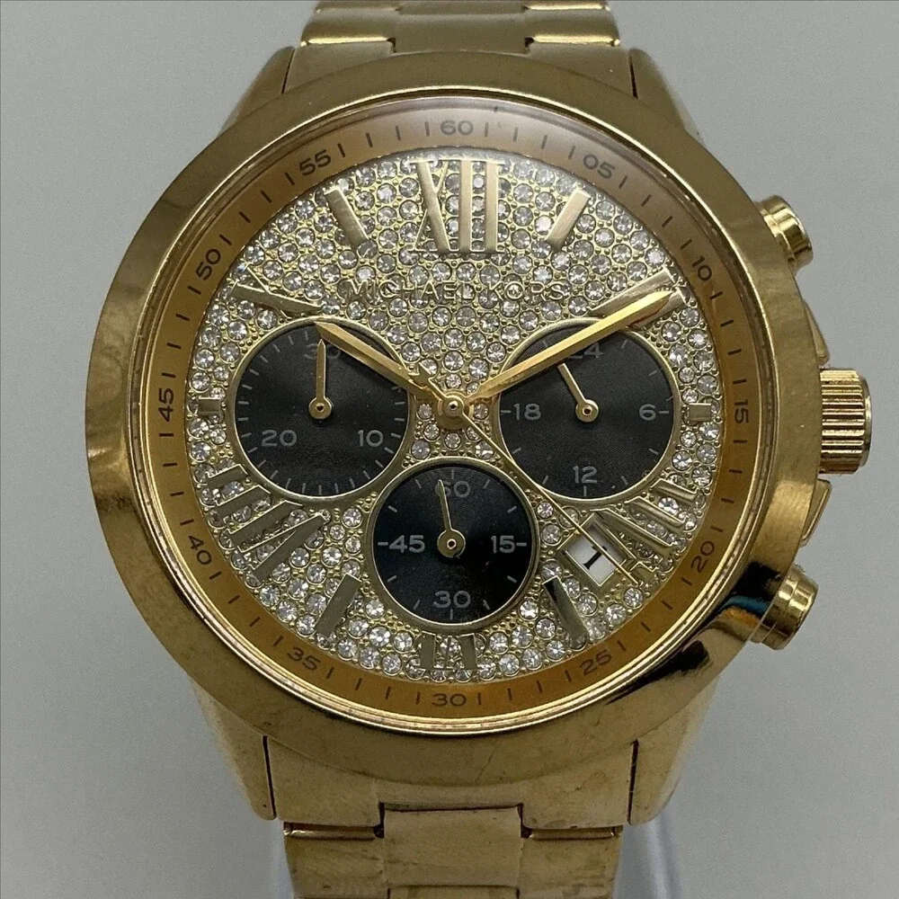 Michael Kors Womens Watch 41mm Gold Tone Chrono Crystals MK6569 New Battery 6.5
