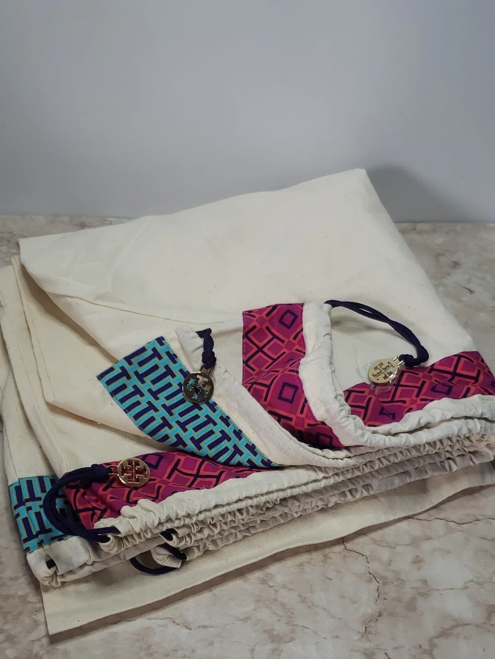 Tory Burch Drawstring Dust Bags with Pink & Blue Trim Bundle