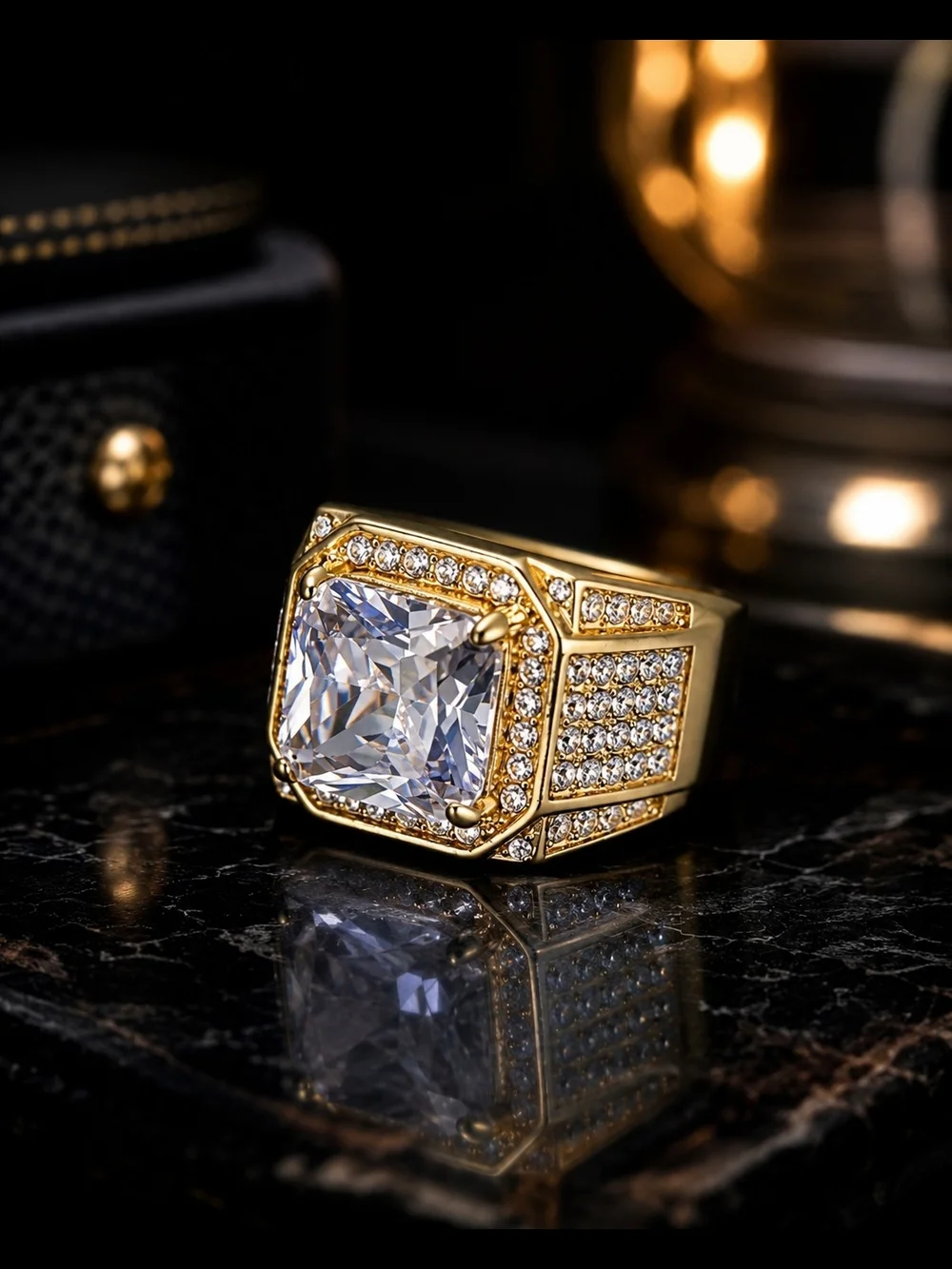 Men's Size 8 Gold Tone Iced CZ Ring Square Cut Pave Hip Hop Bling