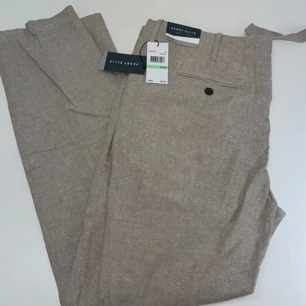 🔥Perry Ellis Light Tan Chinos Sz 34X32 New LINEN BLEND DRAWSTRING PANT