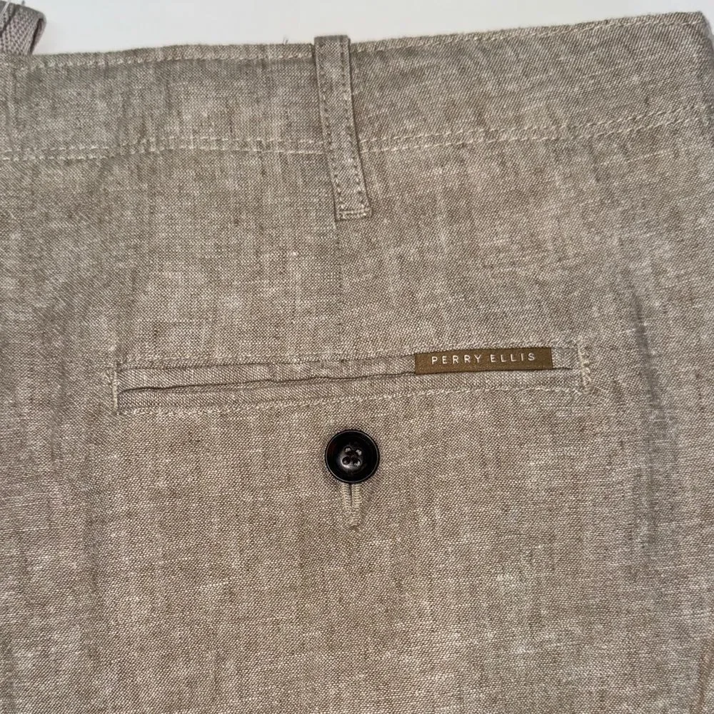 🔥Perry Ellis Light Tan Chinos Sz 34X32 New LINEN BLEND DRAWSTRING PANT