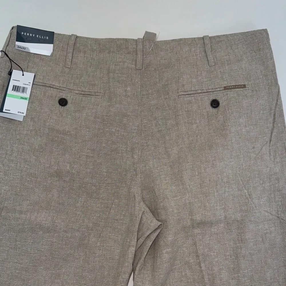 🔥Perry Ellis Light Tan Chinos Sz 34X32 New LINEN BLEND DRAWSTRING PANT