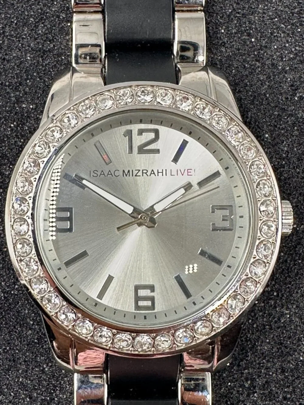 Isaac Mizarhi Live Watch Women Silver Tone Black Crystal Bezel New Battery 6.75