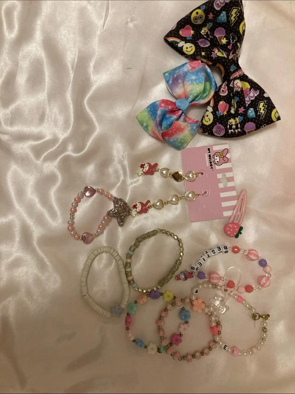 Cute Pink & Multicolor Kids Hair Bows and Bracelet Set