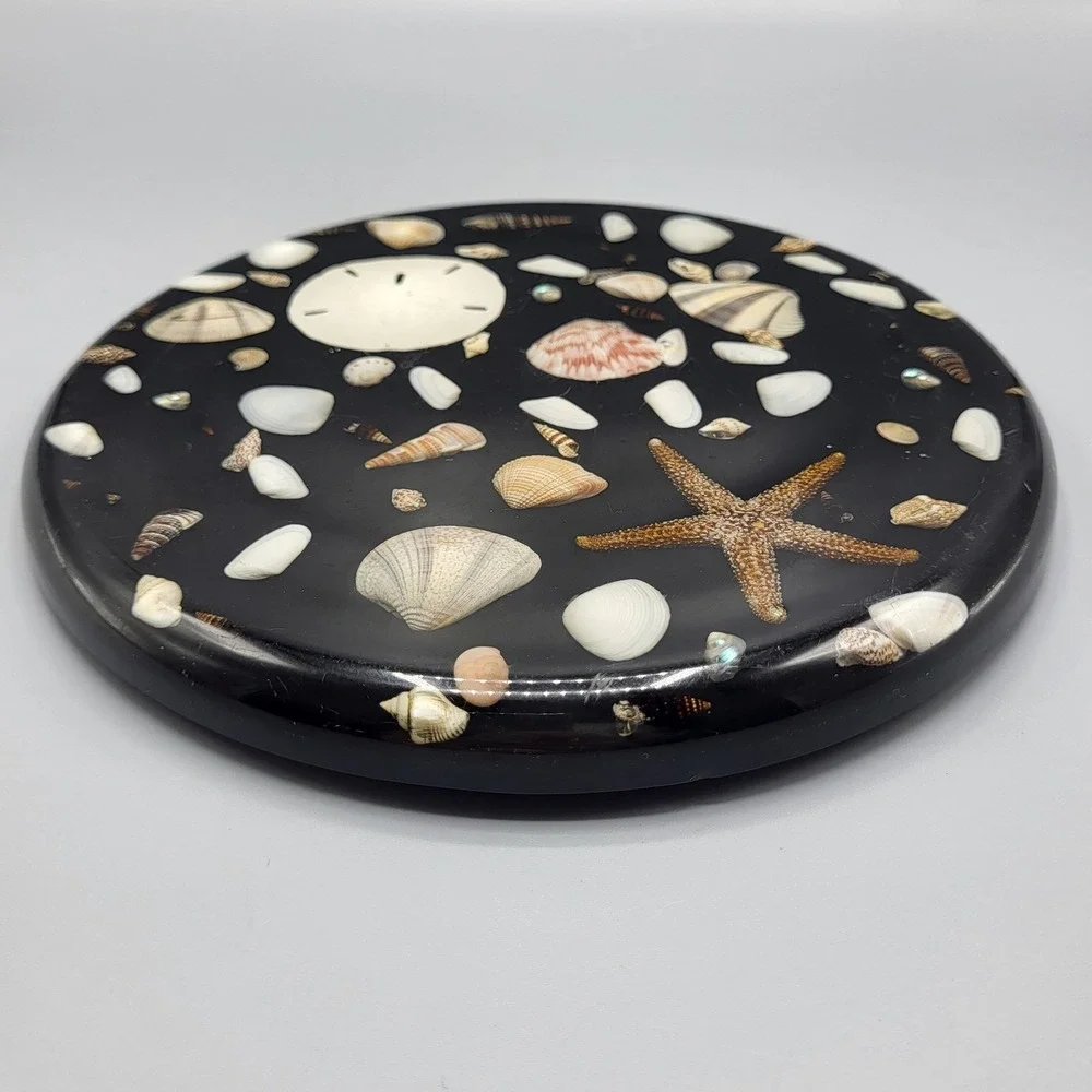 Vtg Lucite Resign Trivet Seashell Starfish Sand Dollar Black Kitchen Decor 8