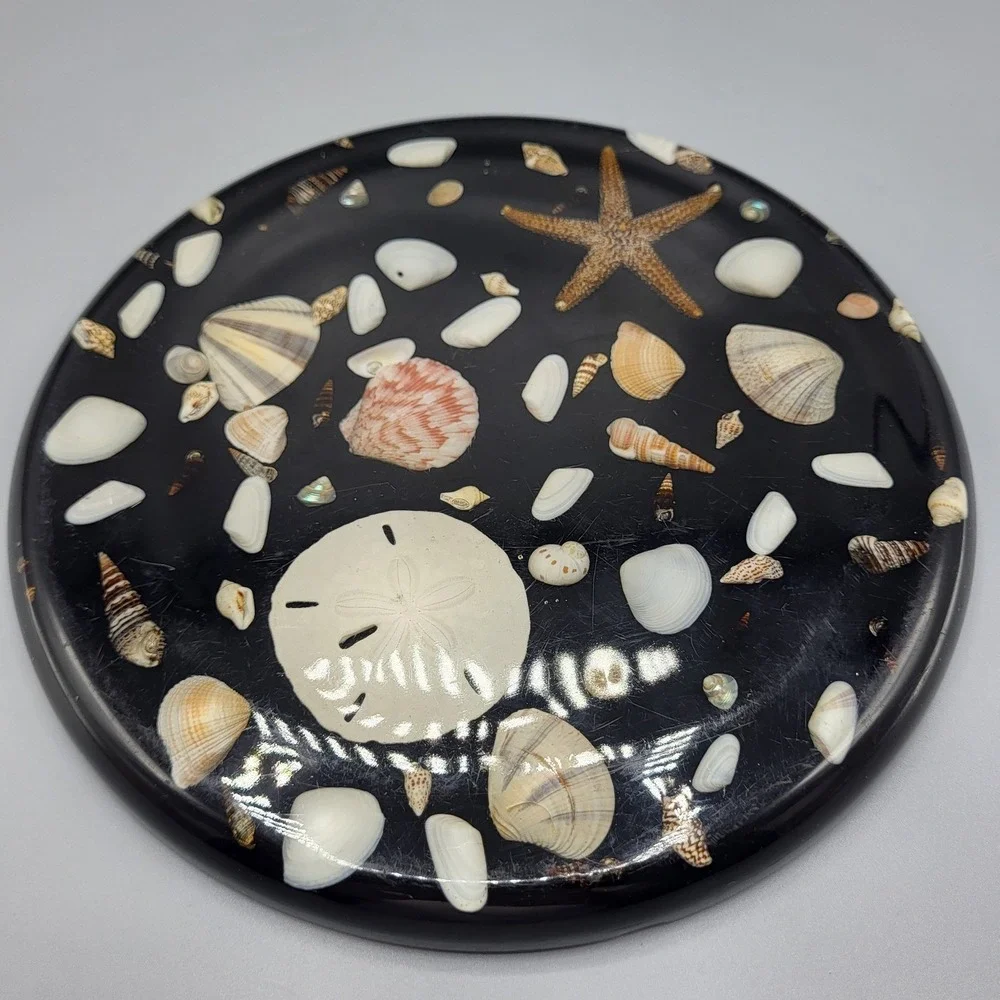 Vtg Lucite Resign Trivet Seashell Starfish Sand Dollar Black Kitchen Decor 8