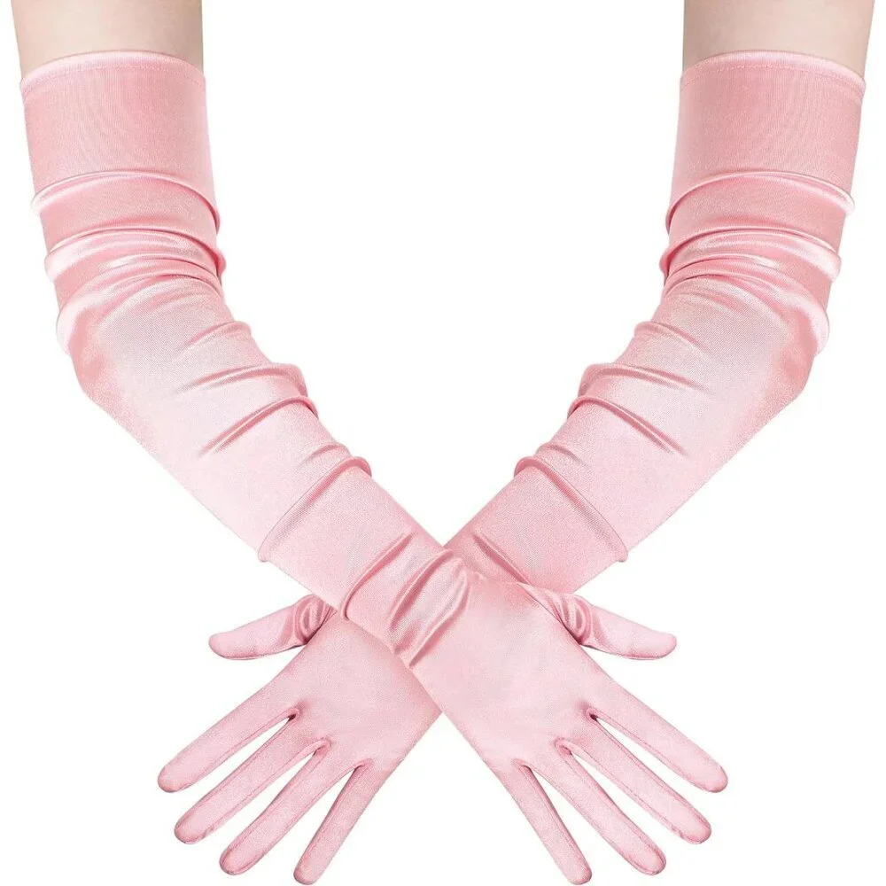 Women's Long Satin Gloves Baby Pink Stretchy Upper Arm Length Costume Design