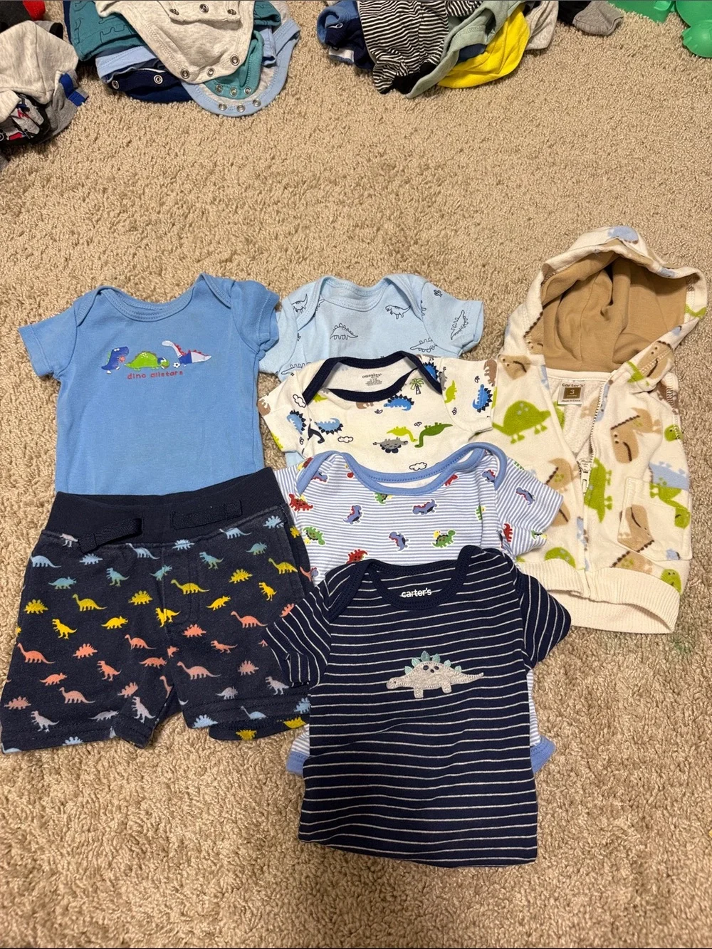 0-3 month Baby Dino Mix 7 Piece Set in Blue, Navy, Cream, Light Blue