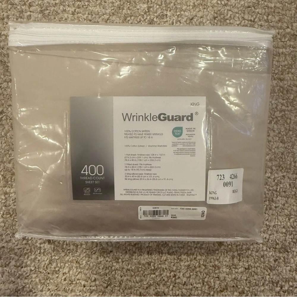 WrinkleGuard 400 Thread Count Luxury King Sheet Set- Beige. Very soft.
