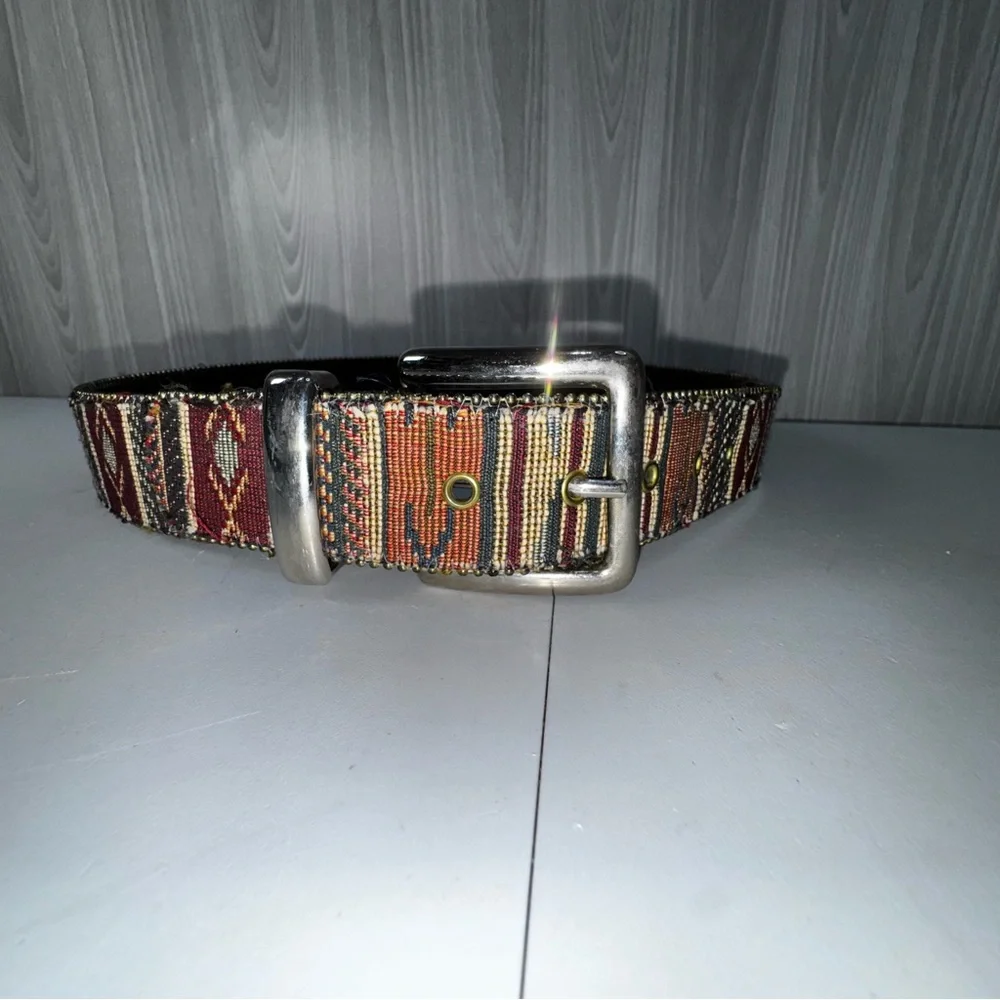 Vintage Distressed Fabric Southwestern Print Gold Detail Buckle Belt Women’s S/M