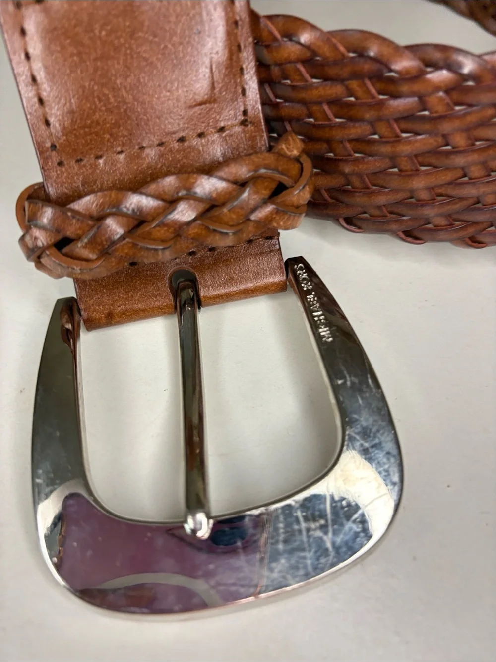 Michael Kors Brown Woven Leather Belt Silver Buckle Size Large
