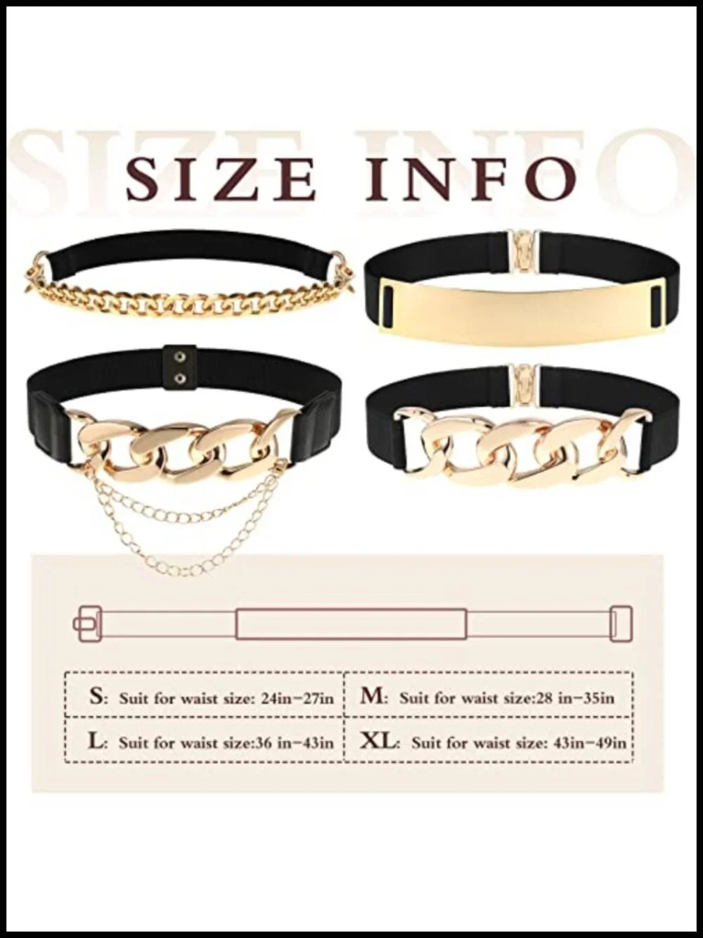 4 Packs Women Stretch Waist Belt with Gold Metal Buckle Fashion Wide Chain